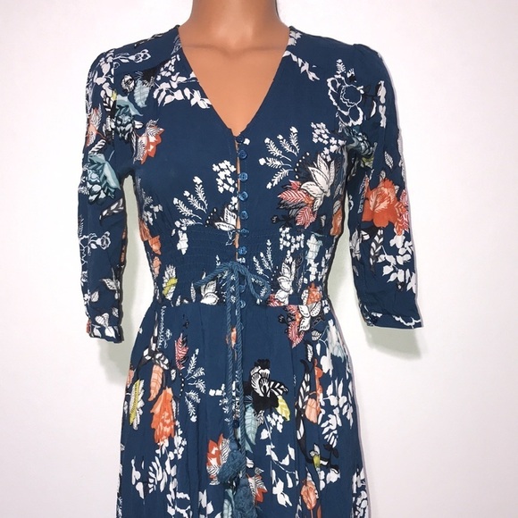 Jaase Mia Maxi Dress In Miak Print Smocked Waist 3/4 Sleeve Blue Size Small - Picture 4 of 10